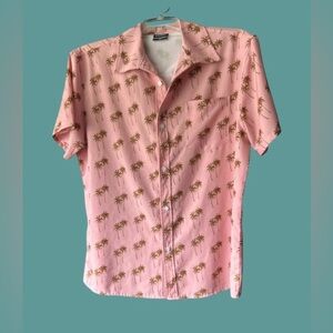 🌴 OUKU! MENS PALM TREE BUTTON DOWN! COOL PEACHY-PINK COLOR!! HAWAIIAN STYLE!